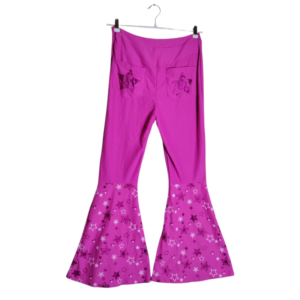 Barbie Pink Western Bell Bottom Flare Pants Star Print Lace Up Womens M